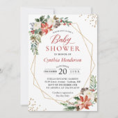 ポインセチアフローラ金ゴールドフレーム冬の赤ちゃんシャワー 招待状 (正面)