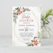 ポインセチアフローラ金ゴールドフレーム冬の赤ちゃんシャワー 招待状 (スタンド正面)