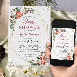 ポインセチアフローラ金ゴールドフレーム冬の赤ちゃんシャワー 招待状