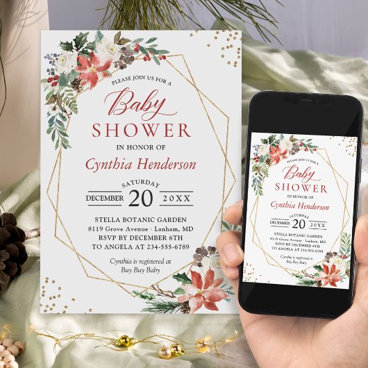 ポインセチアフローラ金ゴールドフレーム冬の赤ちゃんシャワー 招待状