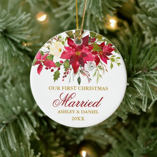 ポインセチアフローラ金ゴールド初めてのクリスマス |写真 セラミックオーナメント (ツリー)