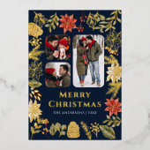 ポインセチアフローラ3 Photo Navy Blueクリスマス金ゴールド 箔シーズンカード (正面)