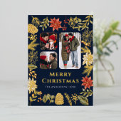 ポインセチアフローラ3 Photo Navy Blueクリスマス金ゴールド 箔シーズンカード (立ち正面)