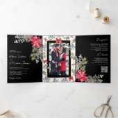 ポインセチアフローラQRコードブラッククリスマス結婚ズ 三つ折り招待状 (内部)