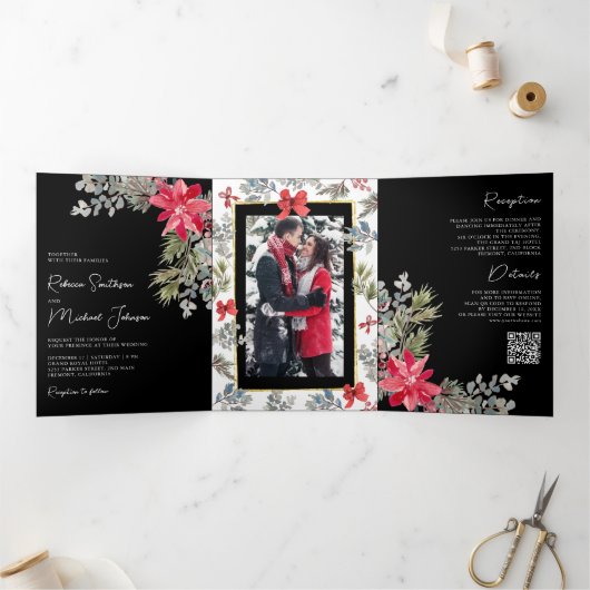 ポインセチアフローラQRコードブラッククリスマス結婚ズ 三つ折り招待状 (内部)