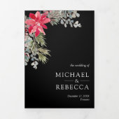 ポインセチアフローラQRコードブラッククリスマス結婚ズ 三つ折り招待状 (カバー)