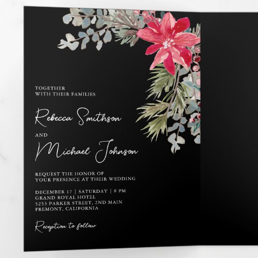 ポインセチアフローラQRコードブラッククリスマス結婚ズ 三つ折り招待状 (内部最初)