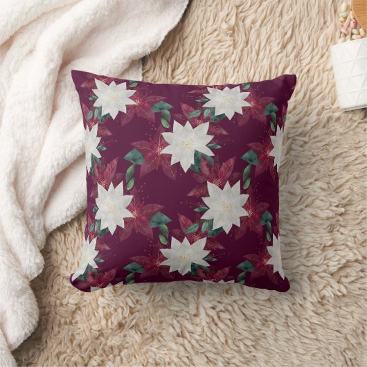 ポインセチアブルゴーニュとティール（緑がかった色）ウィンターホリデーフローラ クッション (ブランケット)