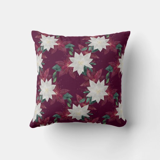 ポインセチアブルゴーニュとティール（緑がかった色）ウィンターホリデーフローラ クッション (裏面)