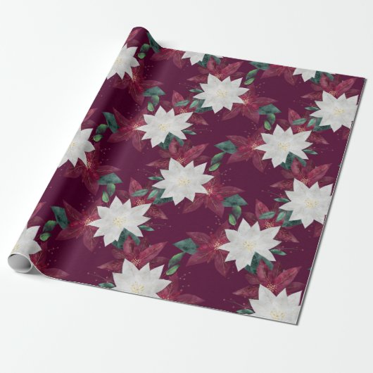 ポインセチアブルゴーニュとティール（緑がかった色）ウィンターホリデーフローラ ラッピングペーパー (アンロールド)