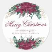 ポインセチアブルゴーニュとティール（緑がかった色）ホリデー封筒用シール ラウンドシール (正面)