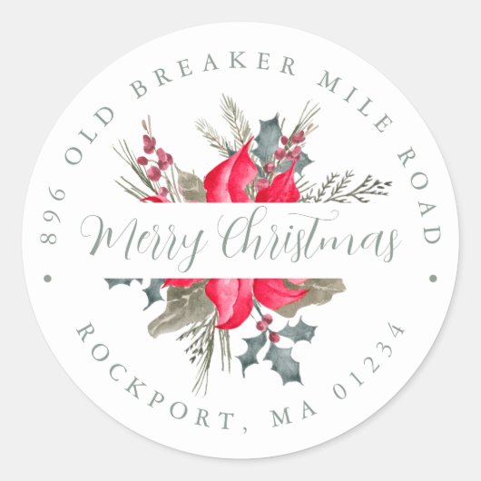 ポインセチアブーケクリスマス差出人住所ラベル ラウンドシール (正面)