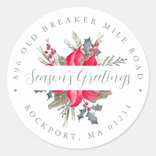 ポインセチアブーケクリスマス差出人住所ラベル ラウンドシール (正面)