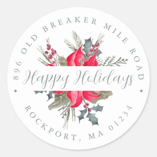 ポインセチアブーケクリスマス差出人住所ラベル ラウンドシール (正面)