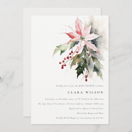 ポインセチアベリーの葉の水の色ベビーシャワー 招待状 (正面/裏面)