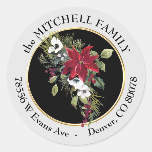 ポインセチアホワイトフラワーブーケ差出人住所 ラウンドシール (正面)