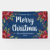 ポインセチアメリークリスマスホリデーネイビーブルー 横断幕 (横)