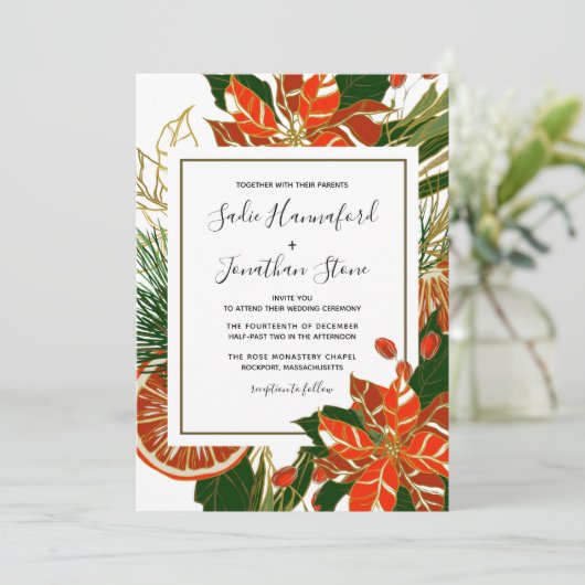 ポインセチアモダンシトラス金ゴールド冬の結婚式 招待状 (スタンド正面)