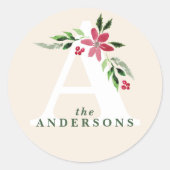 ポインセチアモノグラム封筒用シールステッカー ラウンドシール (正面)