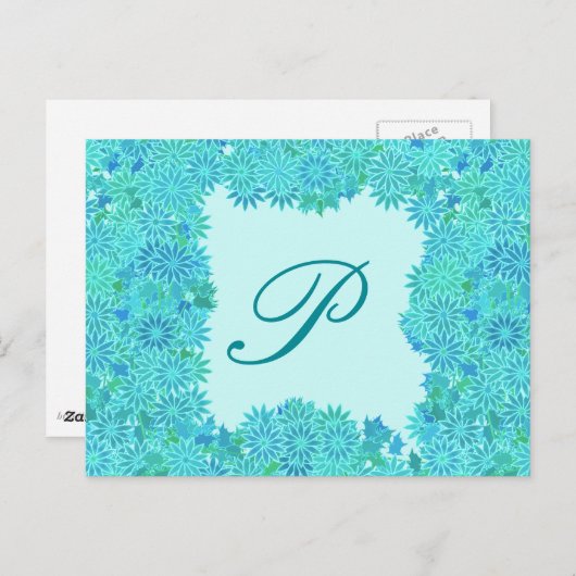 ポインセチアリースとモノグラム,ターコイズ ポストカード (正面/裏面)