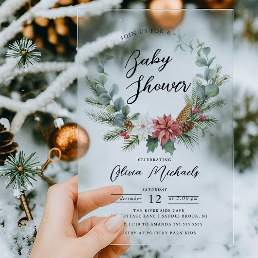 ポインセチアリースアクリルベビーシャワー招待状 アクリル招待状