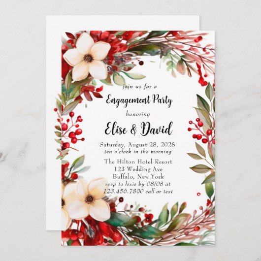 ポインセチアリースクリスマス婚約パーティ 招待状 (正面/裏面)