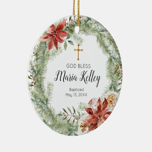 ポインセチアリースパーソナライズされたガールバプテスマ セラミックオーナメント (右)