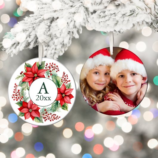ポインセチアリースフォトモノグラム年 セラミックオーナメント