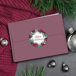ポインセチアリースブルガンディホリデー封筒用シール ラウンドシール