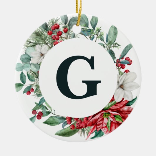 ポインセチアリースモノグラムオーナメント セラミックオーナメント (正面)
