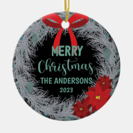 ポインセチアリース家族の名前と年 セラミックオーナメント