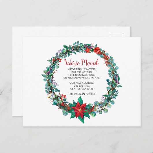 ポインセチアリース引っ越しましたホリデーアナウンス ポストカード (正面/裏面)