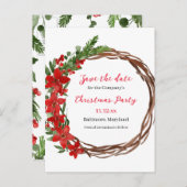 ポインセチアリース日付の保存クリスマスパーティー 案内ポストカード (正面/裏面)