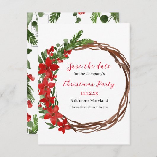 ポインセチアリース日付の保存クリスマスパーティー 案内ポストカード (正面/裏面)