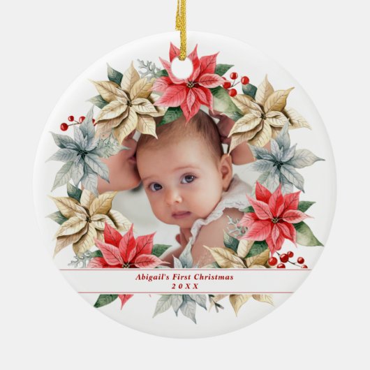 ポインセチアリース&フォトベビーの初めてのクリスマス セラミックオーナメント (裏面)