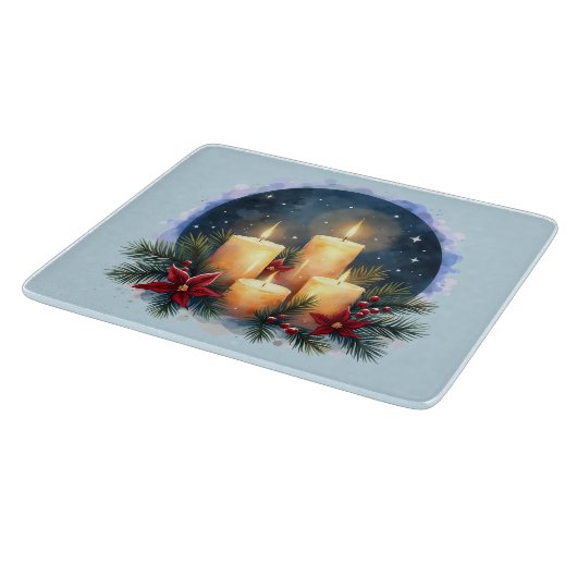 ポインセチア付きクリスマスキャンドルグロー カッティングボード (角)