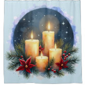 ポインセチア付きクリスマスキャンドルグロー シャワーカーテン (正面)