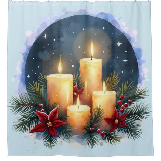 ポインセチア付きクリスマスキャンドルグロー シャワーカーテン (正面)