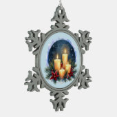 ポインセチア付きクリスマスキャンドルグロー スノーフレークピューターオーナメント (左)