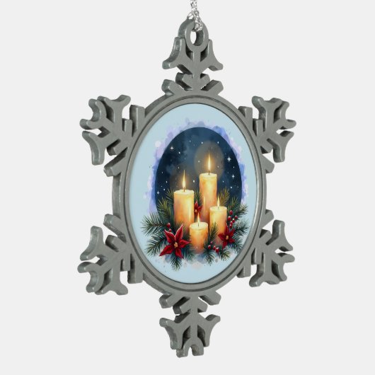 ポインセチア付きクリスマスキャンドルグロー スノーフレークピューターオーナメント (左)