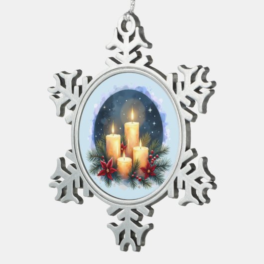 ポインセチア付きクリスマスキャンドルグロー スノーフレークピューターオーナメント (右)