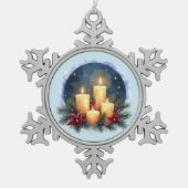 ポインセチア付きクリスマスキャンドルグロー スノーフレークピューターオーナメント (正面)