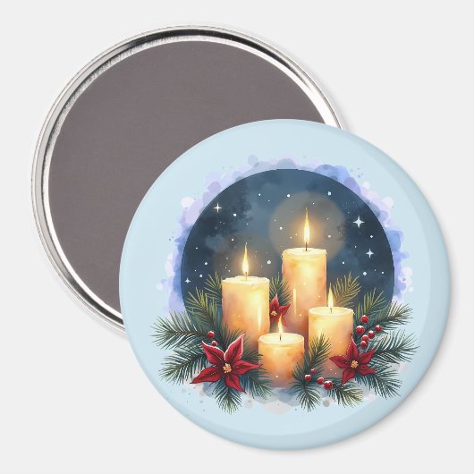 ポインセチア付きクリスマスキャンドルグロー マグネット (正面/裏面)