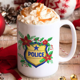 ポインセチア付き警察メリークリスマスシールド コーヒーマグカップ