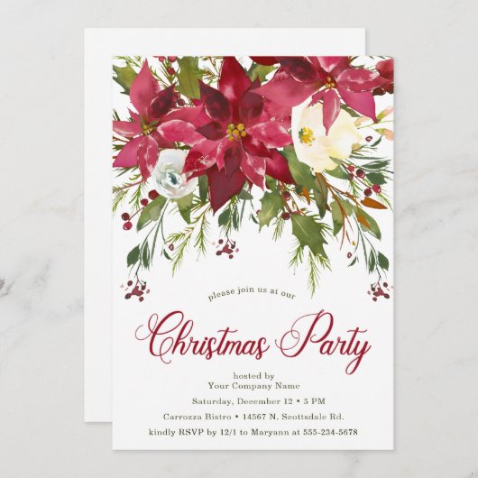 ポインセチア会社のクリスマスパーティー 招待状 (正面/裏面)