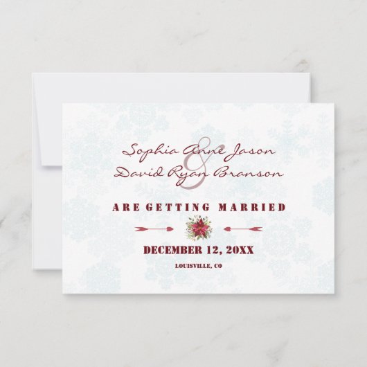 ポインセチア冬のリース結婚式の日付を保存 セーブザデート (裏面)