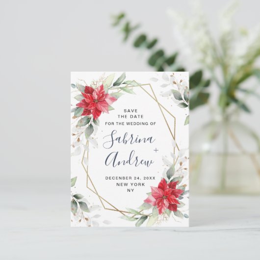 ポインセチア冬の緑の結婚式の日付を保存 ポストカード (スタンド正面)
