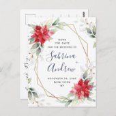 ポインセチア冬の緑の結婚式の日付を保存 ポストカード (正面/裏面)