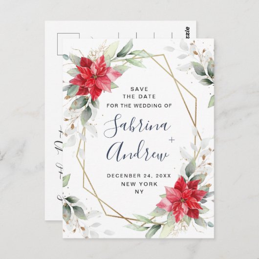 ポインセチア冬の緑の結婚式の日付を保存 ポストカード (正面/裏面)