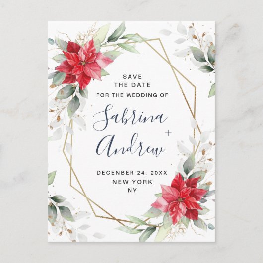 ポインセチア冬の緑の結婚式の日付を保存 ポストカード (正面)